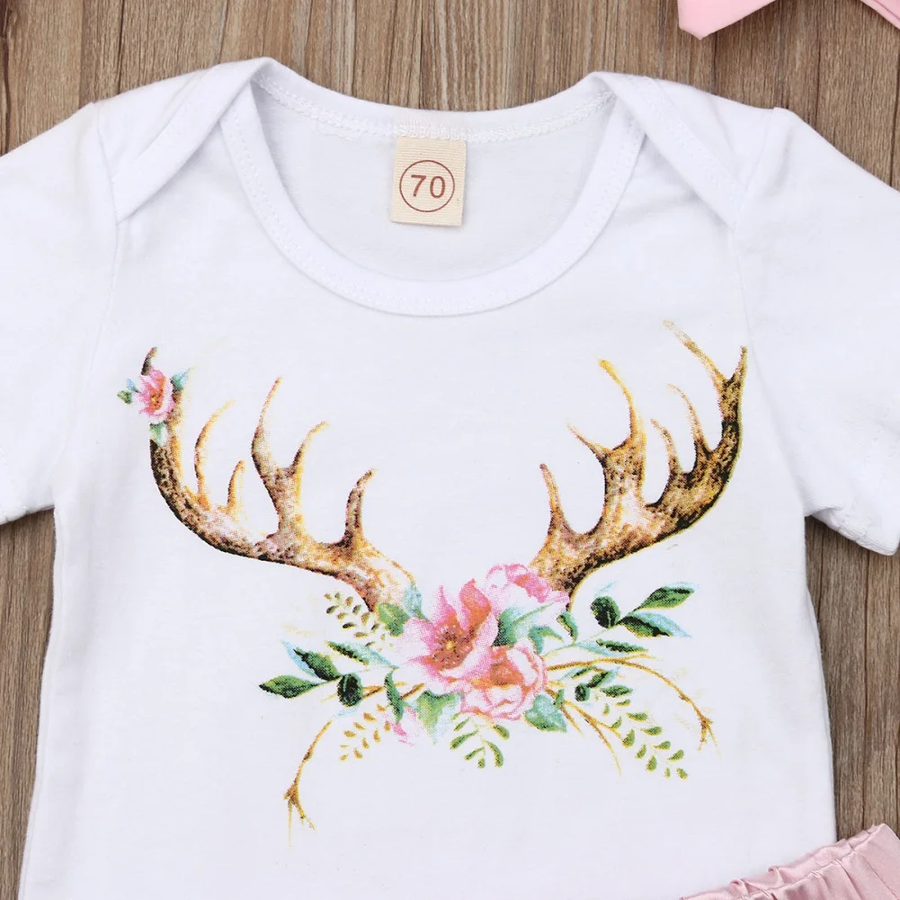 Newborn Kid Baby Girl 0-3T Deer Short Sleeve Romper Silk Shorts Cotton Outfit Clothes