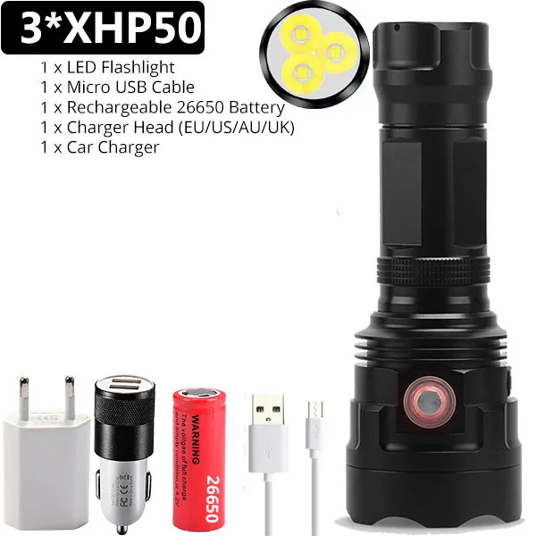 Супер мощный XHP90 светодиодный фонарик XHP50 тактический фонарь USB Перезаряжаемый Linterna водонепроницаемый фонарь ультра яркий фонарь для кемпинга - Испускаемый цвет: Package G-3XHP50