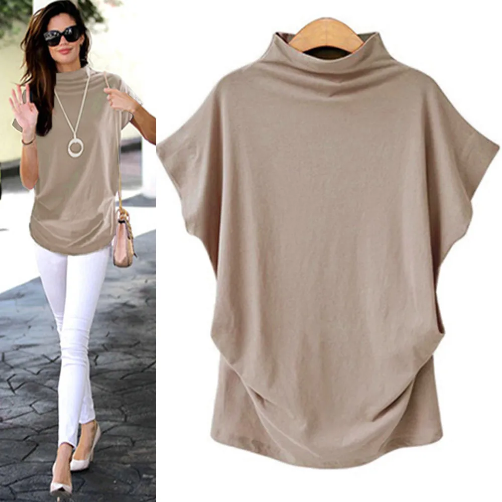 Women's t-shirt Solid Cotton Linen Turtleneck Short Sleeve Solid Casual  Top T Shirt Plus Size T Shirt Women 2022