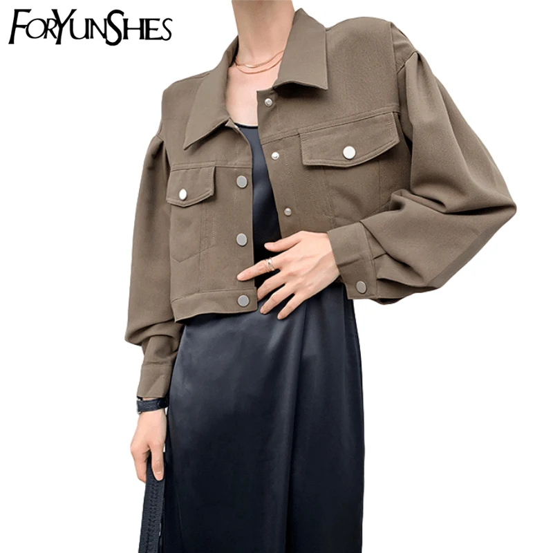 

FORYUNSHES Short Jacket Women Retro Lapel Coats 2020 Fashion Autumn Korean Style Solid Loose Pockets Crop Tops Femme Clothes