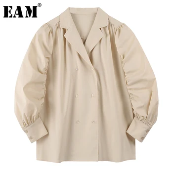 

[EAM] Women Apricot Pleated Temperament Blouse New Notched Long Puff Sleeve Loose Fit Shirt Fashion Spring Autumn 2020 1U350