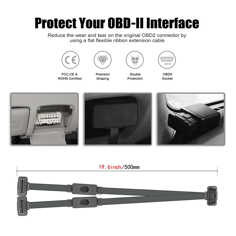 1 IN 2 Converted Flat Male to Dual Female Elbow 16Pin OBD Splitter Extension Cable OBD2 Cable With Switch On Off