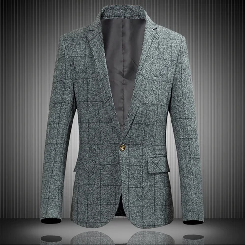 Light grey Большие размеры 6XL, новинка весны, английский стиль, Мужской Блейзер на одной пуговице с длинными рукавами, брендовый деловой костюм в крупную клетку - Цвет: Light grey