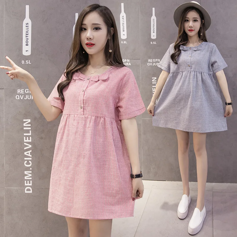 

2019 Pregnant Women Summer Wear New Style Pregnant Women Dress Fashion Pregnant Women Cotton Linen Shirt Pregnant Women Striped