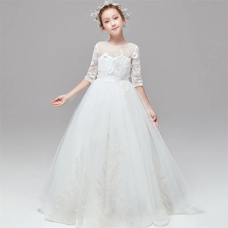 От 3 до 14 лет, роскошное, элегантное, однотонное, белое, свадебное, вечернее Сетчатое платье для девочек детское, студенческое, церемониальное платье для игры на фортепиано
