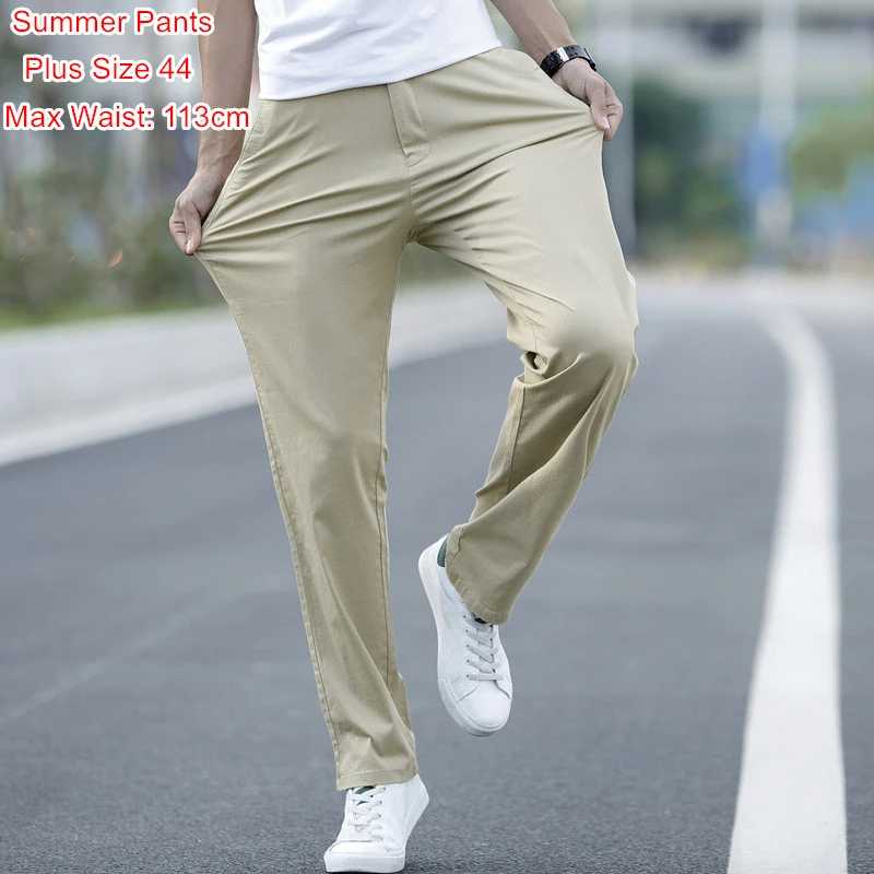 Pantalones de verano para pantalón delgado y recto, color caqui, gris y negro, para Fitness, talla grande 40, 42, 44|Pantalones informales| - AliExpress