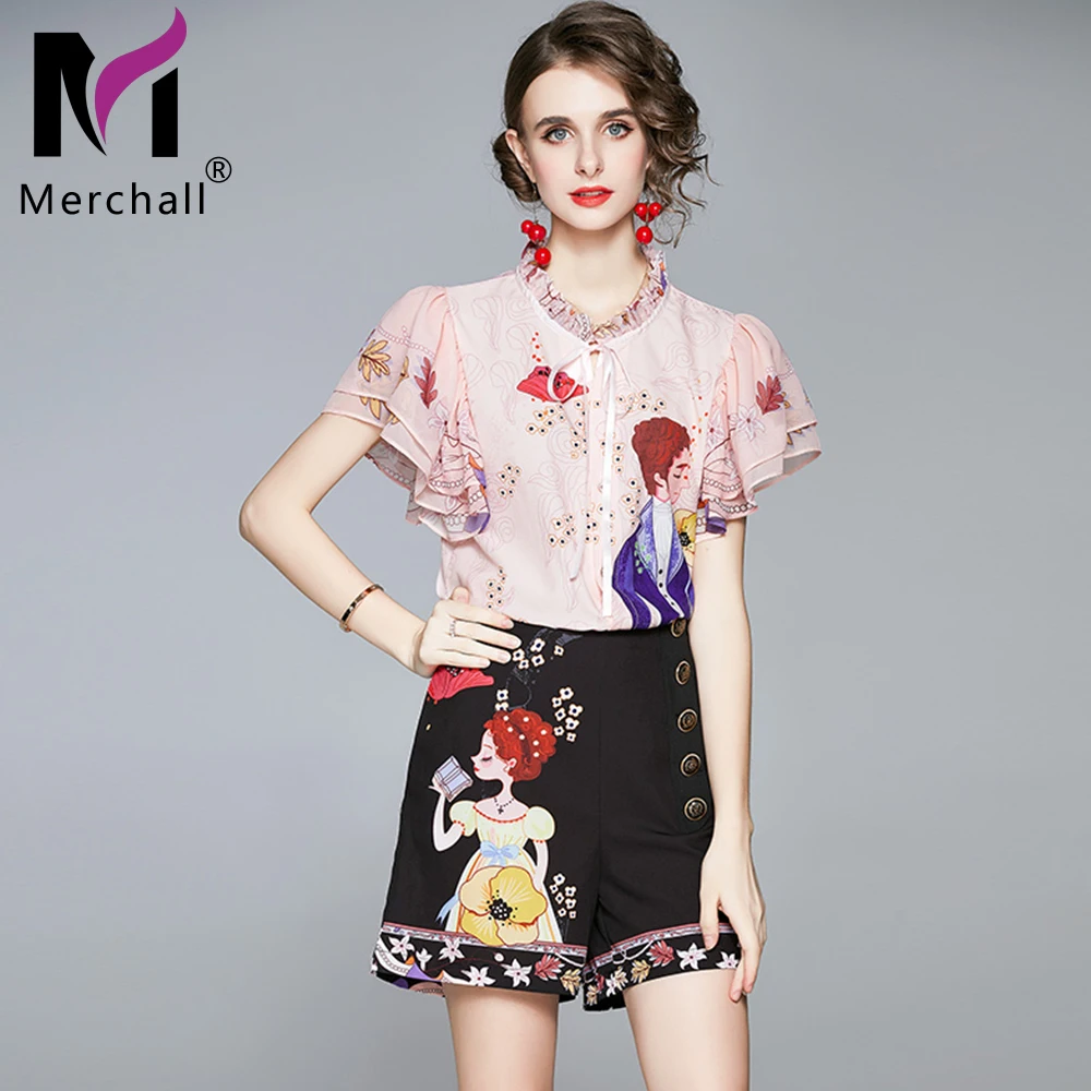 

Merchall Runway Summer Short Two Peice Set for Women Ruffles Pink Floral Print Chiffon Top + Wide Leg Shorts Women Clothing Set