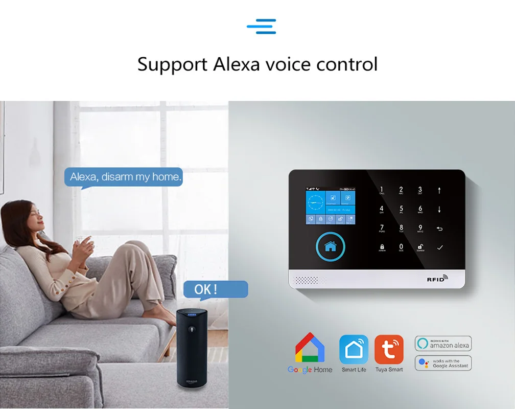 Wireless WIFI GSM Home Security Alarm System For Tuya Smart Life APP With Motion Sensor Detector Compatible With Alexa & Google