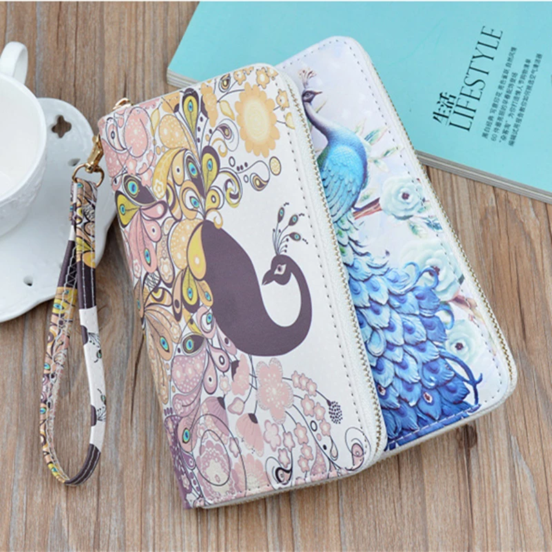 Long Wallets for Women PU Leather Peacock Printing Zipper Wristband Clutch Bag Large Capacity Female Money Clip Card Holder 2
