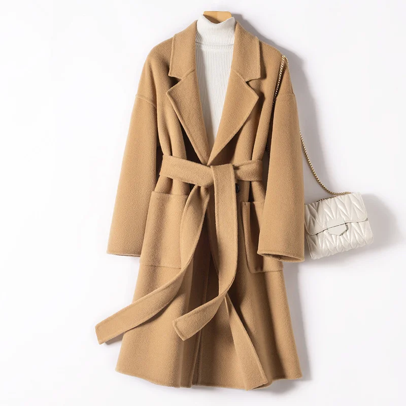 

Spring Autumn Loose Casual Long Double Sided Cashmere Wool Jacket Women Overcoat 4 Color Big Pocket Office Lady Wool Coat Female
