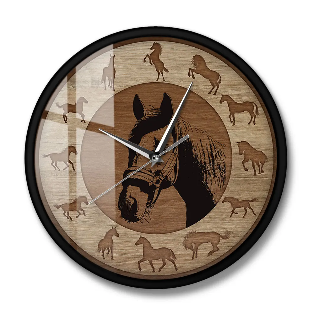 Running Horses Silhouettes Wall Clock Wood Grain Texture Printed Wall Clock Metal Frame  