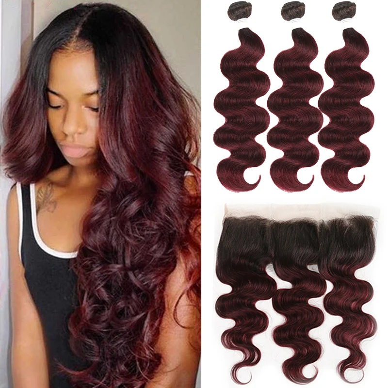 Brazilian Body Wave Human Hair Bundles With Frontal 13x4 Ombre Red Brown 1B 30 Hair Bundles With Closure Non-Remy Hair Bundles