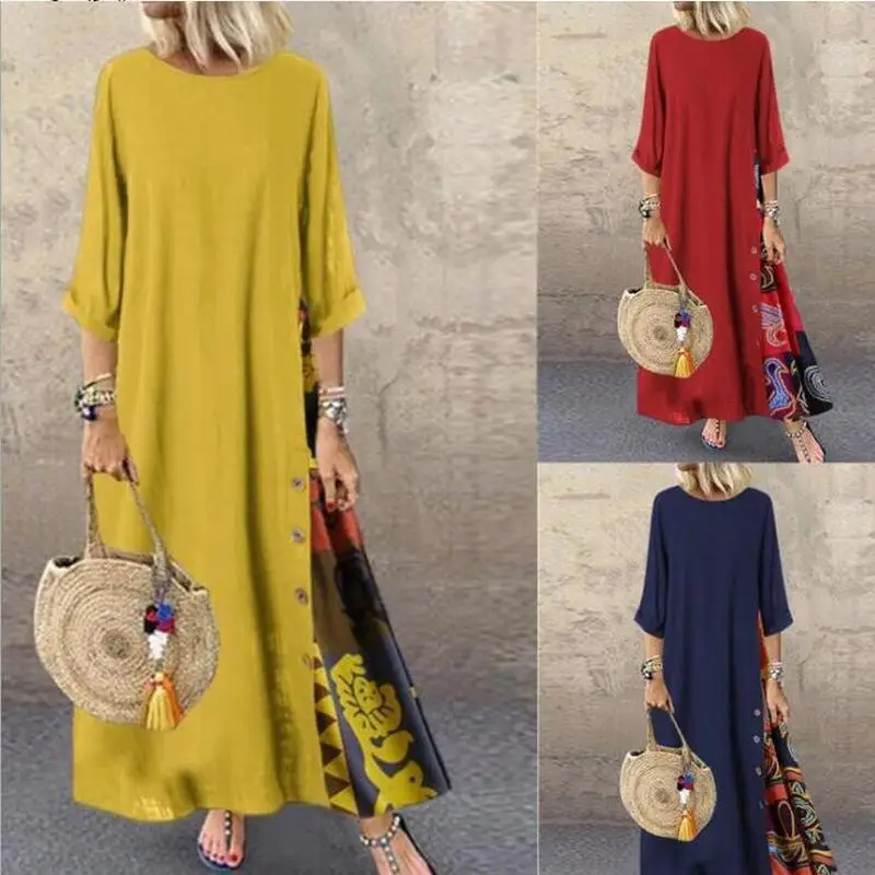 

Outfits 2020 fall clothing fashion for women flower plus size gothic dress round Neck patchwork color seven-point sleeve dress