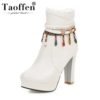 

Taoffen 2020 Women New Platform Ankle Boots Winter Square Heels Beads Office Ladies Work Short Boots Zipper Footwear Size 33-43