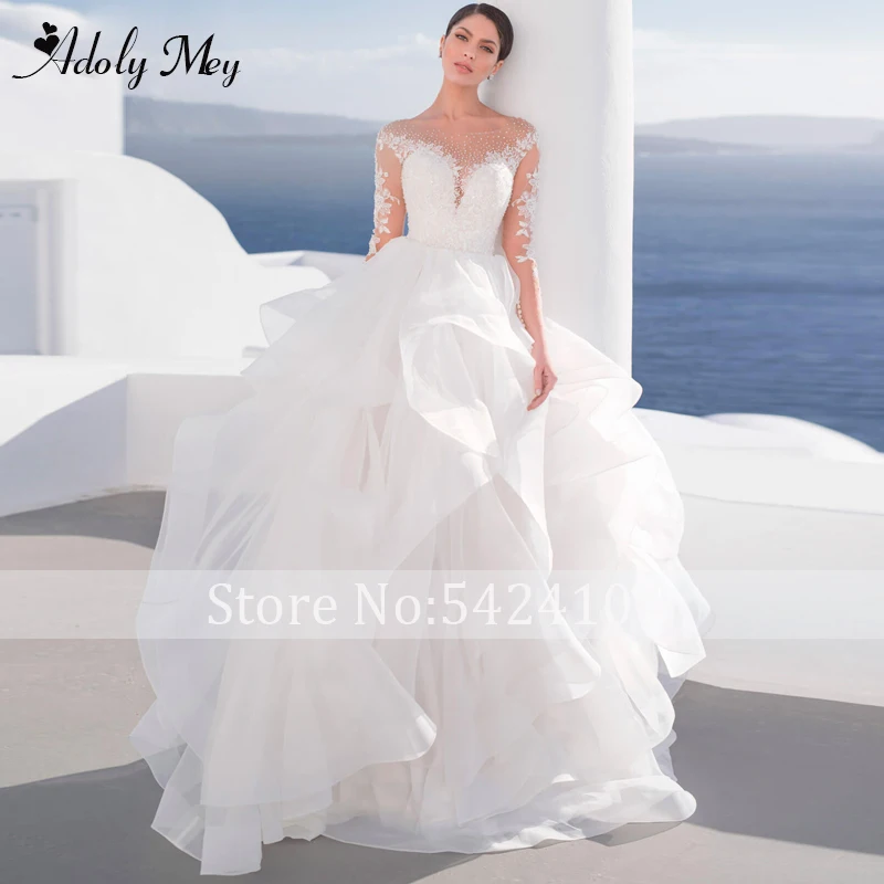 reception dress for bride Adoly Mey Luxury Scoop Neck Beading Illusion Back A-Line Wedding Dress 2022 Ruched Tulle Long Sleeve Appliques Boho Wedding Gown red wedding dresses