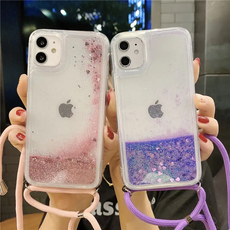 Sequins Quicksand Rope Case For iPhone 12 mini 11 Pro Max XR X XS Max 8 7 6 6S Plus 5 5s SE Lanyard Dynamic Liquid Glitter Cover iphone 8 plus phone case