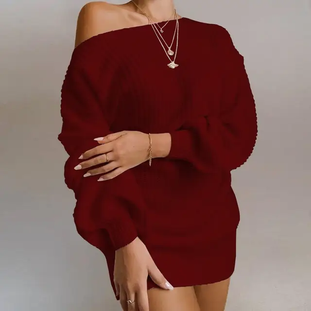The hottest ladies casual off-shoulder lantern sleeve knitted sweater dress 5