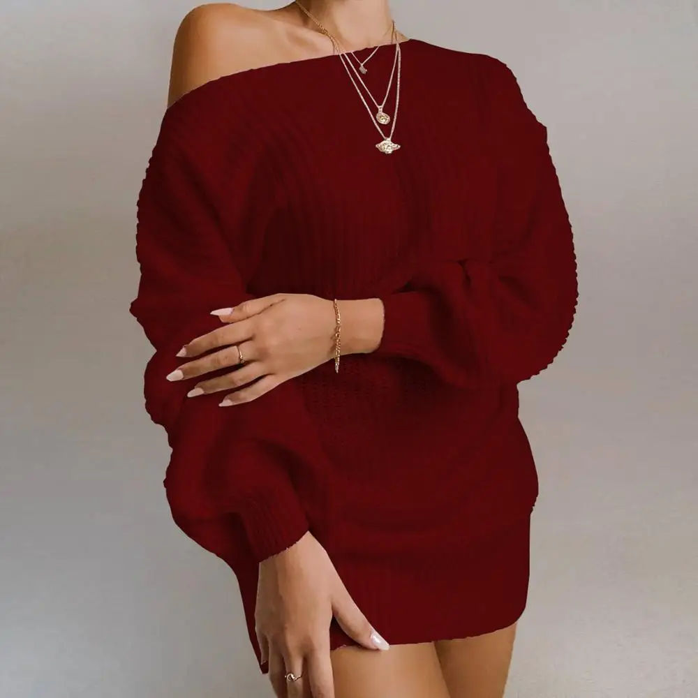 Off-shoulder lantern sleeve sweater dress-4