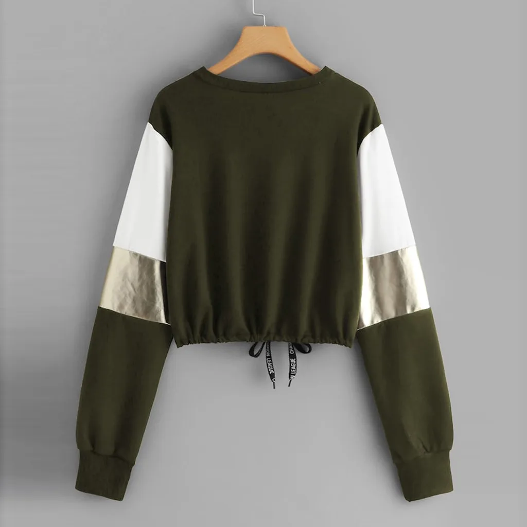 JAYCOSIN Fashion Women Casual O-Neck Sweatshirt Long Sleeve Bandage Patchwork Pocket Unique Elegant Comfortable Soft Chic Blouse