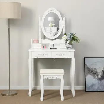 Dresser Table Set Mirror Dressers Makeup Adjustable 4 Drawers Rubber Wood European With Stool Bedroom Furniture White Big HWC