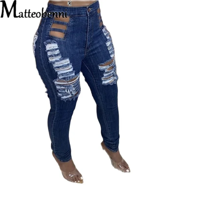 Women Ripped Hole High Waist Jeans Push Up Hip Pencil Lift Skinny