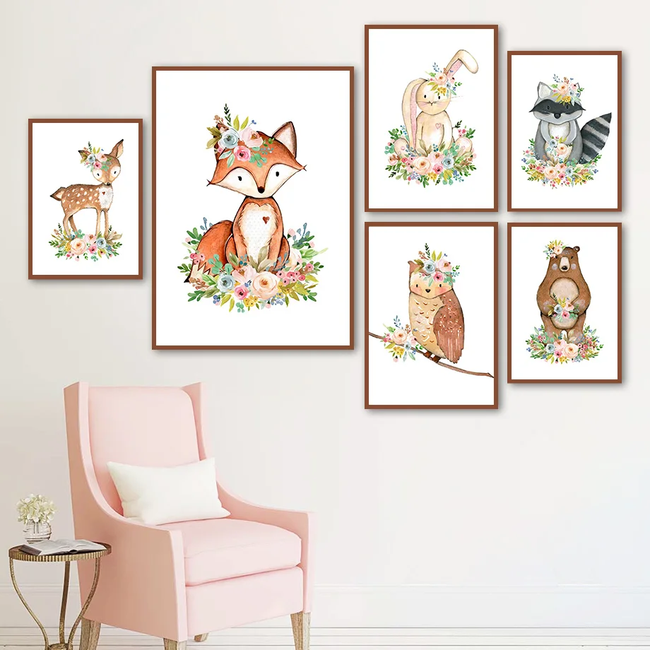 

Fox Deer Rabbit Raccoon Flower Crown Animal Wall Art Canvas Painting Nordic Posters And Prints Wall Pictures Kids Room Decor