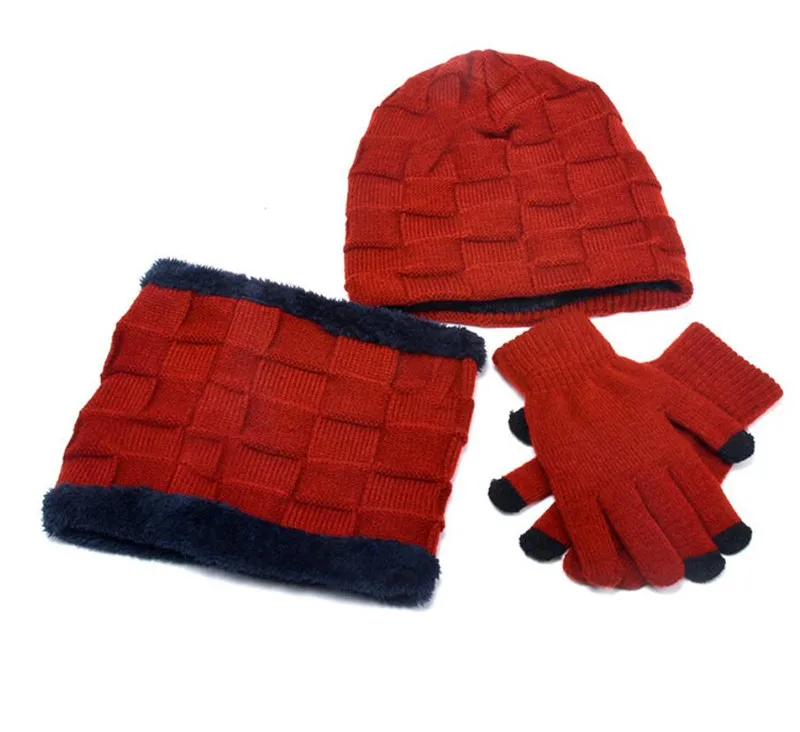 Зимняя шапка, шарф, перчатки для мужчин, набор из 3 предметов,, Мужская Уличная теплая вязаная плюшевая шапка, шарфы и перчатки для сенсорного экрана, мужские аксессуары - Цвет: Red 3 Pcs Set