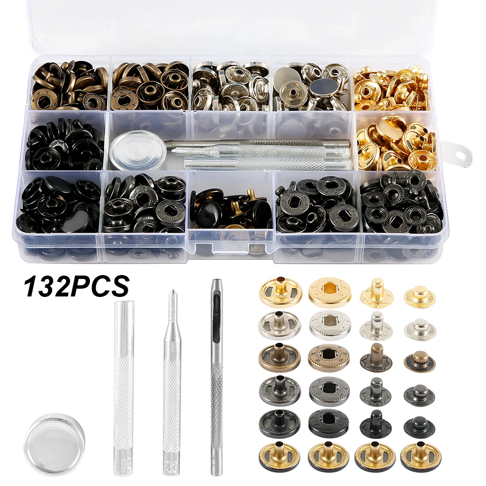 132pcs Leather Snap Fasteners Kit 6 Colors Metal Snap Buttons Press Studs 4 Pieces Fixing Tools Storage Box for DIY Supplies
