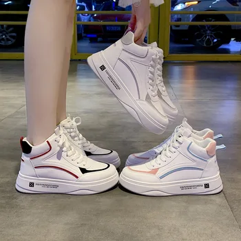 

High Top Women's Sneakers PU Leather Casual Shoes White Platform Female Vulcanized Shoe Lace Up Solid Chaussure Femme Woman T160