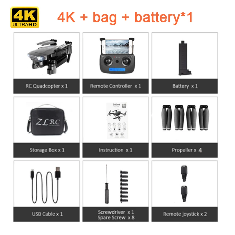 Дрон SG901 4K Дрон HD Двойная камера WiFi передача fpv оптический поток стабильная высота Квадрокоптер Rc вертолет Дрон VS E520S - Цвет: 4K bag battery 1