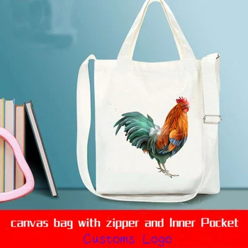

Fashion Simple Women Canvas Bag With Zipper Inner Pocket Dog Cat Print Female Student Schoolbag HandBag Reusable Shopping Bag