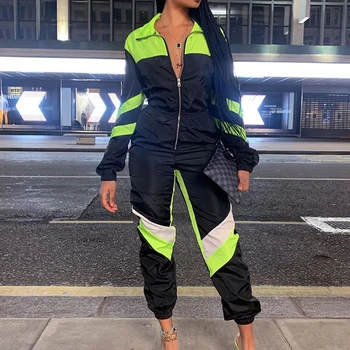 

Patchwork Solid Zipper Casual Jumpsuits Autumn Long Sleeve Women Overalls V Neck Club Sexy Plus Size Romper Female Streetwear