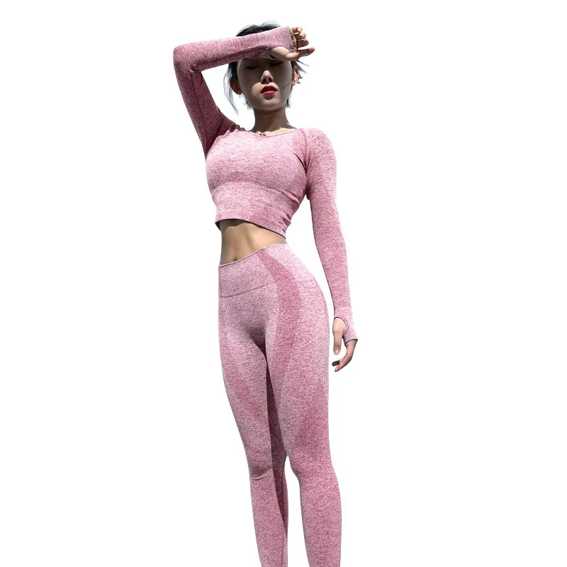 Бесшовный комплект для йоги, одежда для фитнеса, спортивные женские штаны, топы для бега, костюм для спортивных упражнений - Цвет: Pink Set