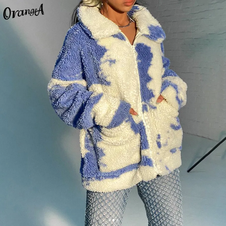 

OrangeA Women Harajuku Fleece Jacket Winter Casual Zipper Coat Thick Patchwork Warm Pocket Loose Oversize Streetwear Outfits