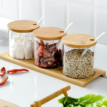 

3Pcs/Set Glass Spice Jar With Spoon Spice Container Organizer Seasoning Cans Pepper Shaker Storage Box With Bamboo Tray Kitchen