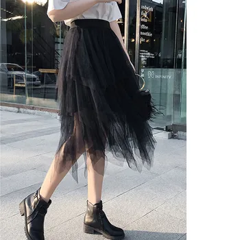 

Womens Tulle Skirts Faldas Mujer Moda Fashion Elastic High Waist Mesh Tutu Maxi Pleated Irregular Long Ladies Skirt #T1G
