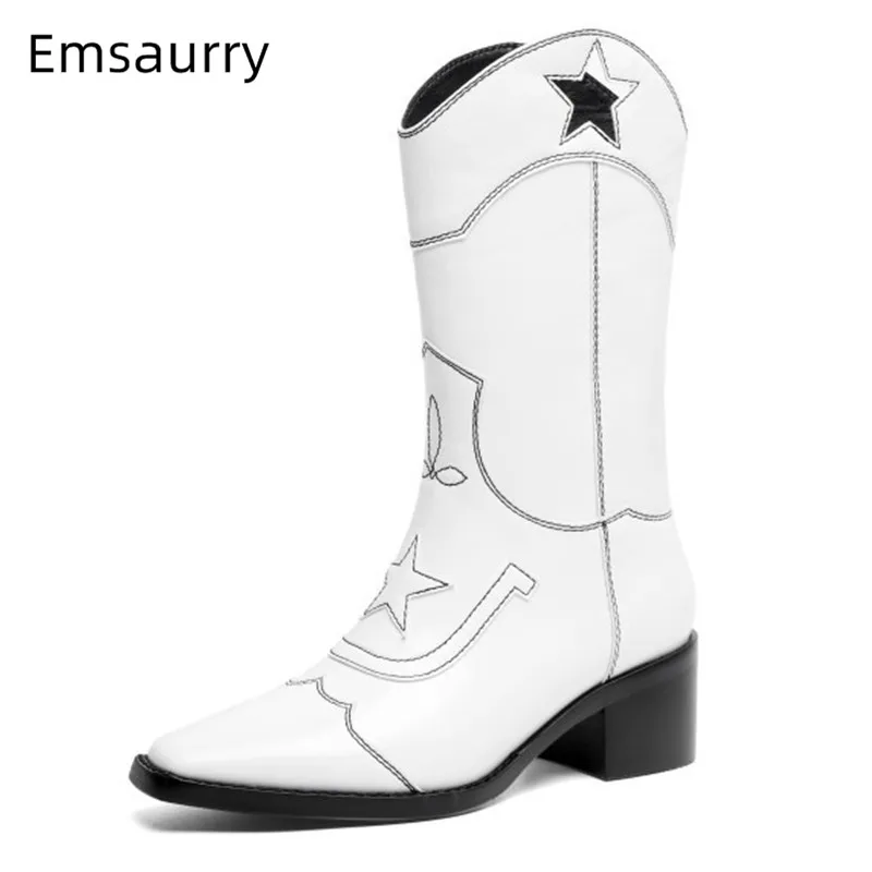 

Cut-outs Boots Women Slip On Slim Mid Calf Bottes Square Toe Med Square Heel Botas Solid Color Fashion Sewing Knight Boots Women