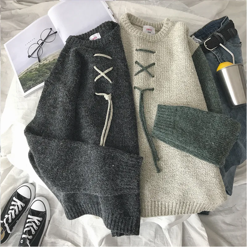 Winter Sweater Men Warm Fashion Sweter Lace Casual Knit Sweaters Man Streetwear Loose Long-sleeved Pullover Male Clothes