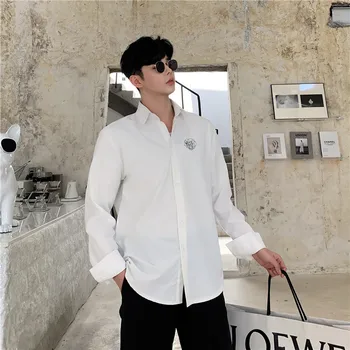 

Male Women Japan Korea Streetwear Loose Shirt Men Back Splice Ribbon Casual Long Sleeve Shirt Couple Clothing