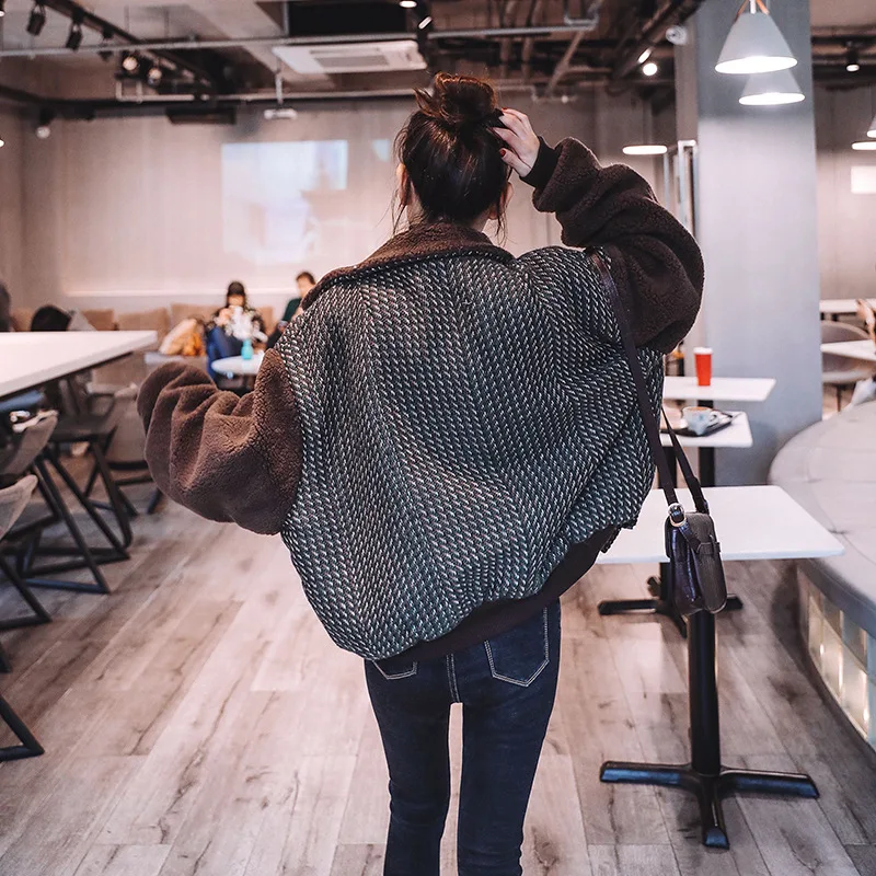 

2019 Winter New Style Plaid Lambs Wool Joint Coat Loose-Fit Short Women's Lambs Wool Cotton-padded Clothes
