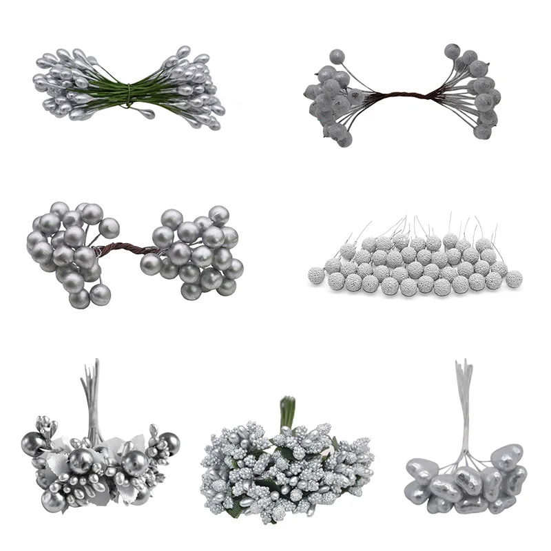 Silver Artificial Flower Cherry Stamen Berries Bundle New Year Xmas Decoration For DIY Christmas Wedding Cake Gift Box Wreaths