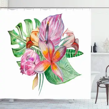 

Shower Curtain Set with Hooks for Bathroom 72x72 Blossom Tropical Wild Deliberate Watercolor Foliage Buds Flowers Animals Beauty