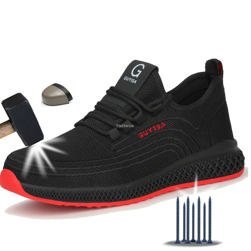 Manlegu-Zapatos de trabajo de punta de acero para hombre, zapatillas de malla de aire transpirables, seguridad ligera a prueba de perforaciones y se adapta a la talla real