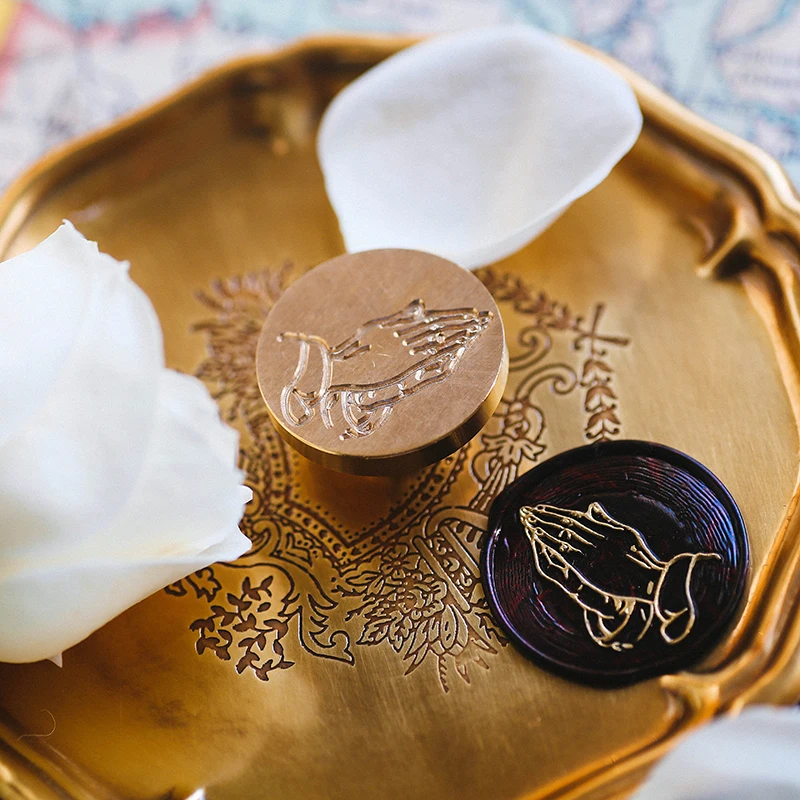 황동 기도 핸드 왁스 씰, DIY 불 래커 씰, 평안 행운 기도 씰, 결혼식 초대장 씰링 왁스 스탬프 액세서리
