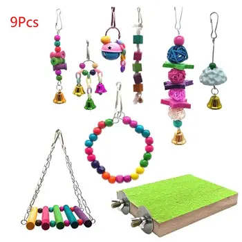 

9Pcs/Set Parrot Swing Chewing Toys Wood Hanging Bell Bird Cage Hammock Climbing Parakeet Cockatiels Perches Pet Supplies