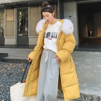 

Fitaylor Winter Long Parkas Women Thick Female Winter Warm Jacket Large Fur Collar Hooded Overcoat Wadded Coat