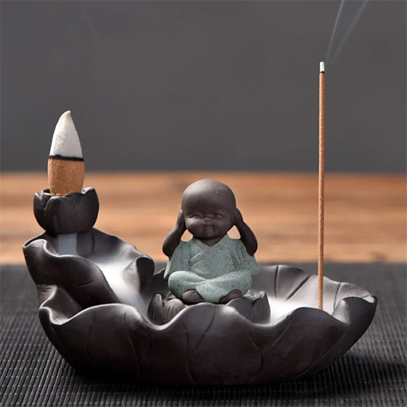 Ceramic Little Monk Lotus Backflow Incense Burner Home Decor Waterfall Aromatherapy Censer Incense Stick Holder+ 10pcs Cones