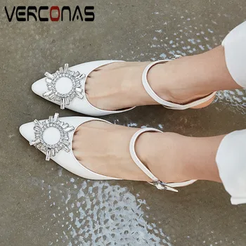 

VERCONAS 2020 Sexy Woman Sandals Women Pumps Genuine Leather New Arrival Rhinestone Summer Pointed Toe Thin Heeled Shoes Woman