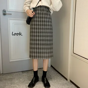 

Women Skirts Autumn Winter Retro Plaid High Waist Thin Bag Hip Split Skirt Female Slim Casual Long skirt #G
