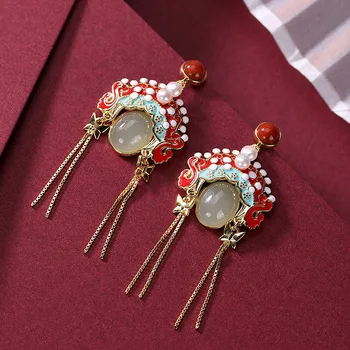 

S925 pure silver Hetian jade Cloisonne National Palace Style Peking Opera facial makeup Guochao lady earrings earrings
